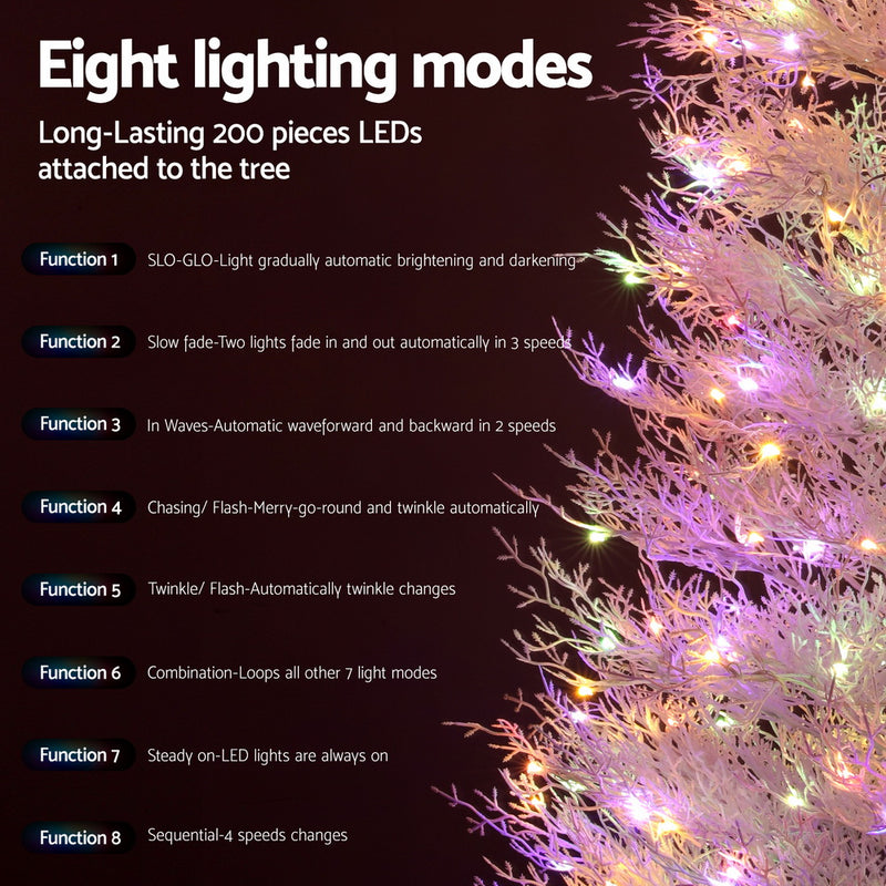 6FT / 1.8M Christmas Tree – Sparse White – 622 Tips with pre-lit 200 multi-colour LED lights showing eight lighting modes