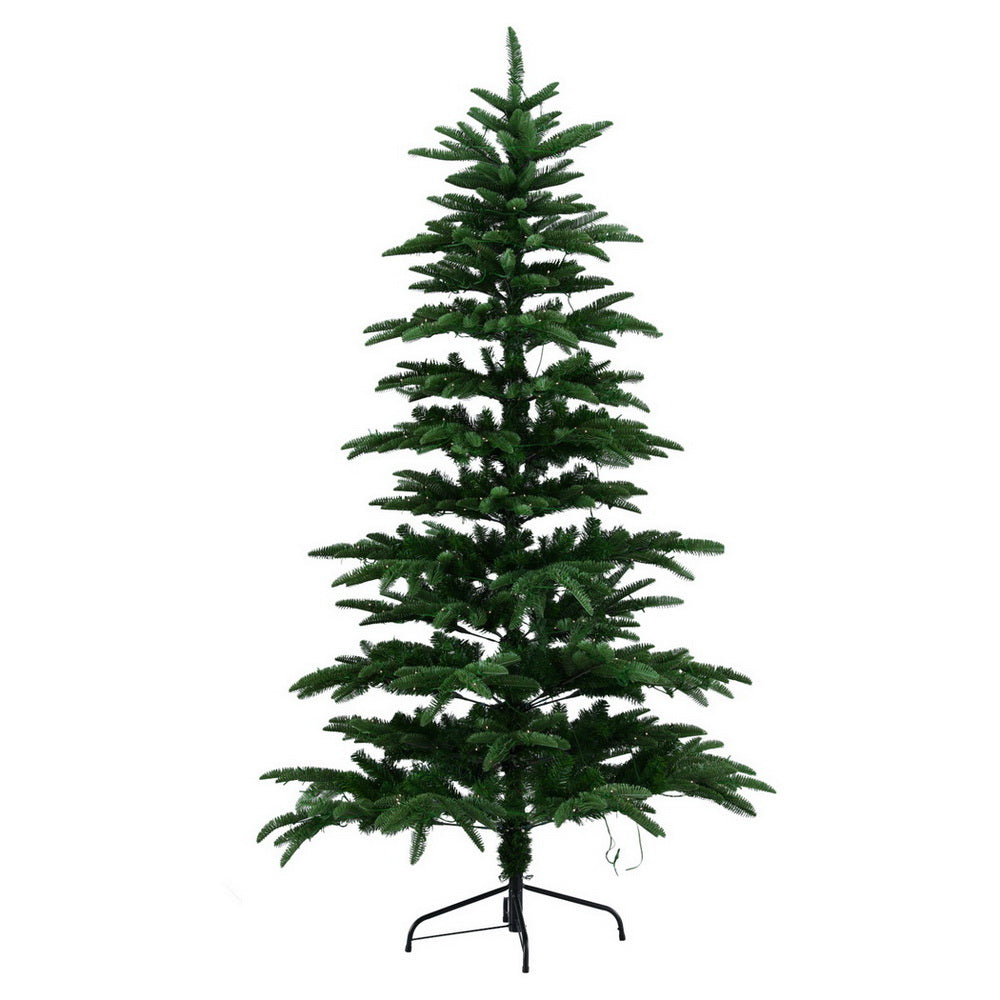 7FT / 2.1M Christmas Tree – Sparse Green – 860 Tips – Pre-lit 400 Warm White LED Lights with metal stand on white background
