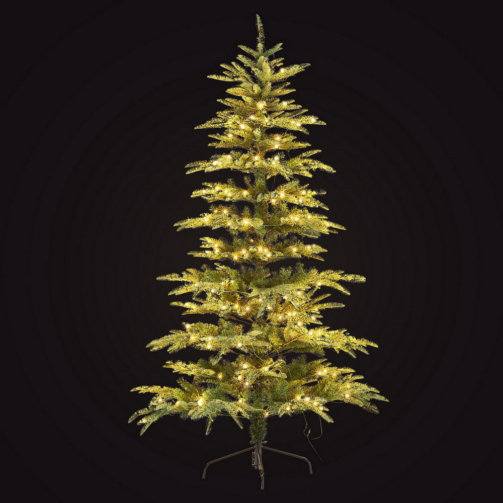 7FT / 2.1M Christmas Tree – Sparse Green – 860 Tips – Pre-lit 400 Warm White LED Lights illuminated on dark background