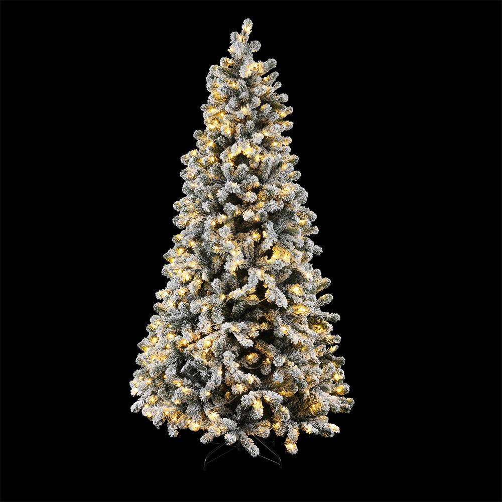 6FT / 1.8M Snow Flocked Christmas Tree – 828 Tips with 350 warm white pre-lit LED lights in 8 modes on black background