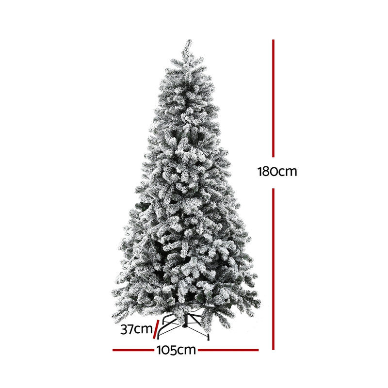 6FT / 1.8M Snow Flocked Christmas Tree – 828 Tips – Pre-lit 350 Warm White LED Lights (8 Modes) with metal stand and measurements shown
