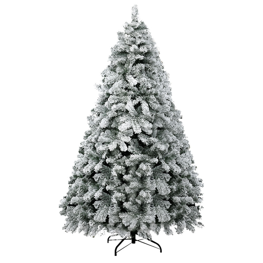 7FT / 2.1M Snow Flocked Christmas Tree – 859 Tips with full snowy PVC branches and sturdy black metal stand on white background