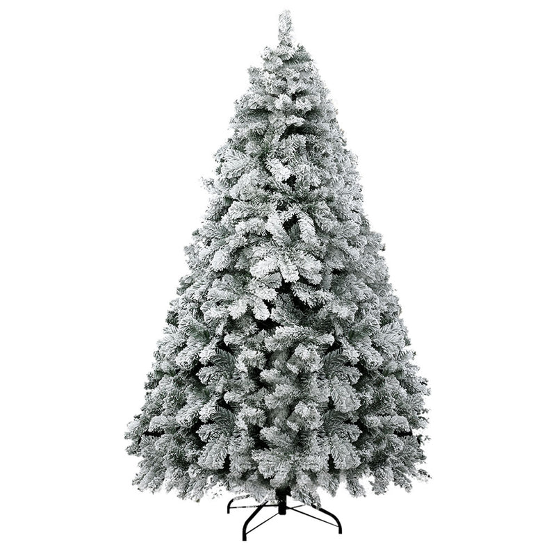 7FT / 2.1M Snow Flocked Christmas Tree – 859 Tips with full snowy PVC branches and sturdy black metal stand on white background