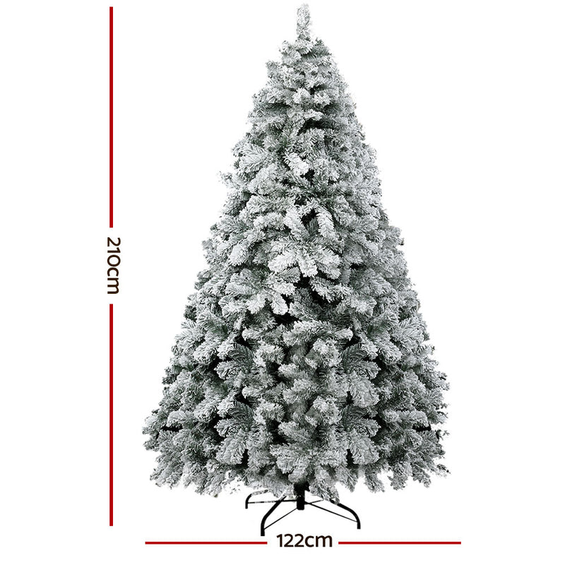 7FT / 2.1M Snow Flocked Christmas Tree – 859 Tips with full PVC branches and sturdy metal stand on white background