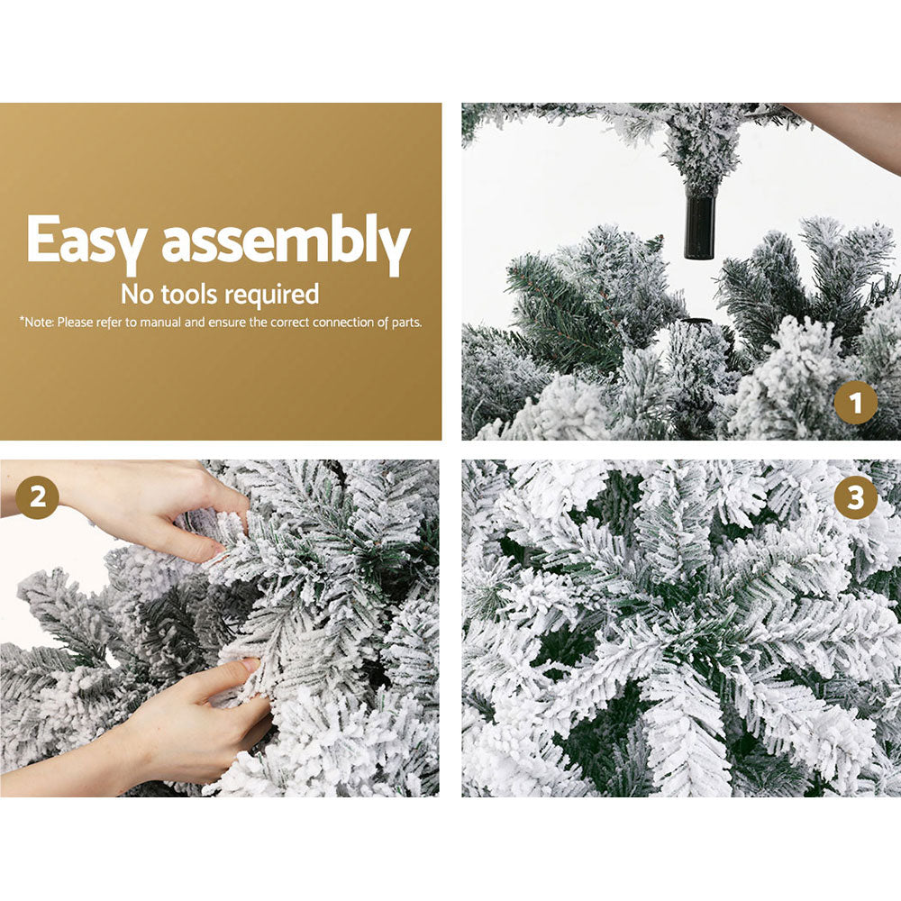 Step-by-step easy assembly of 7FT / 2.1M Snow Flocked Christmas Tree – 859 Tips with no tools required shown in images
