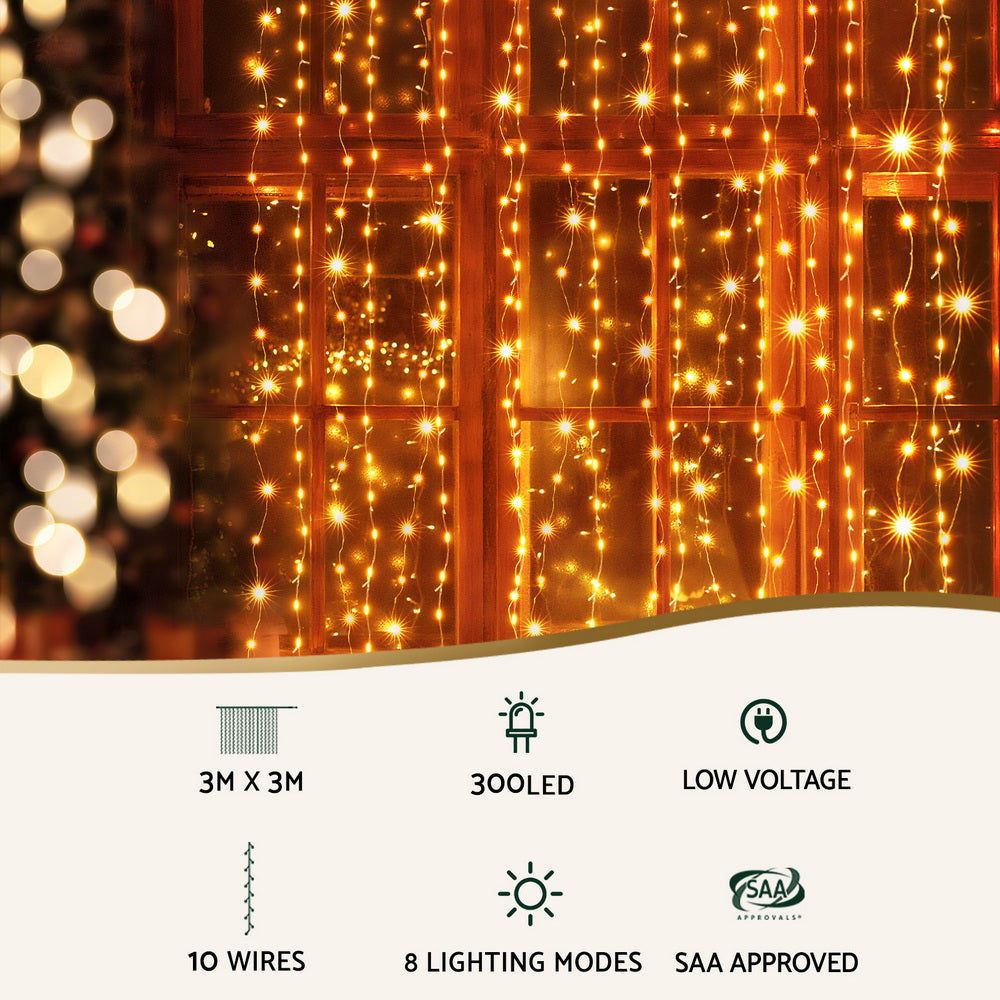 3X3M Christmas Lights Curtain String Light 300 LED Warm White
