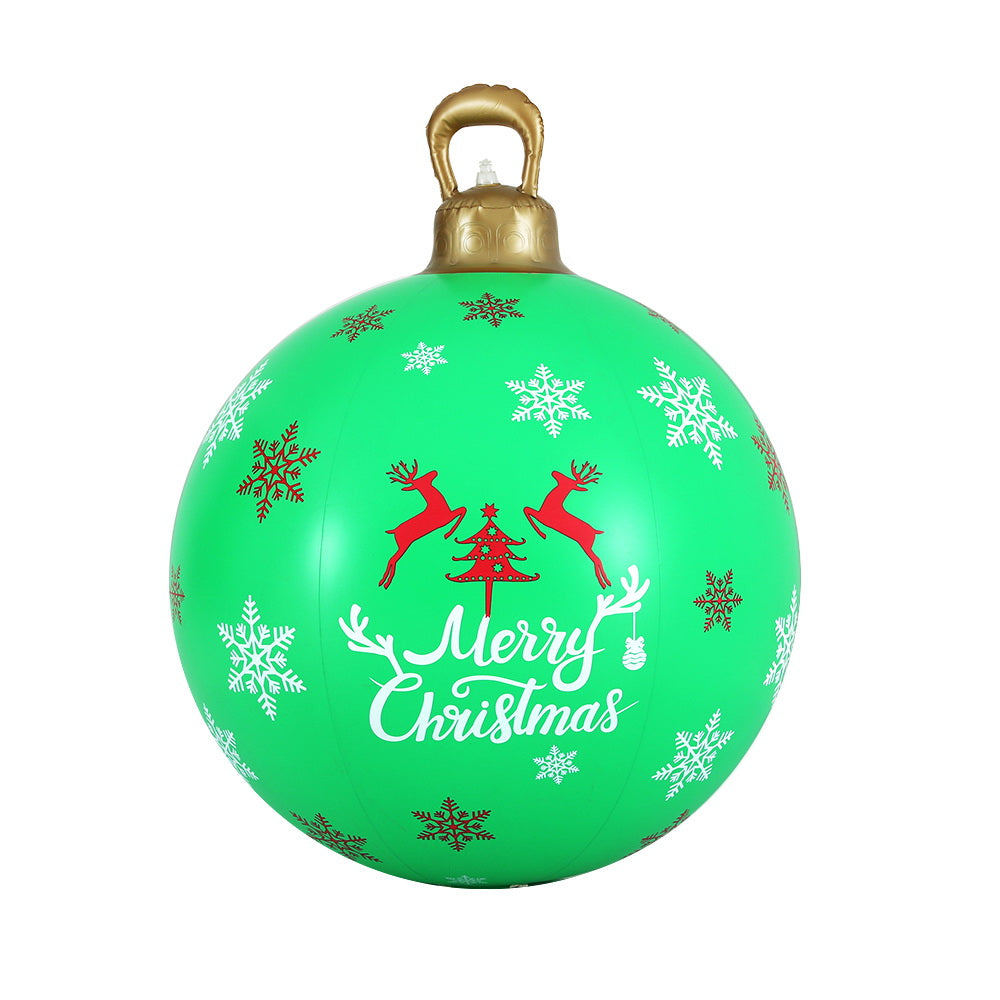 Christmas Inflatable Ball Bauble 60cm Outdoor Decoration Green with Merry Christmas text, reindeer, snowflakes, and gold top handle