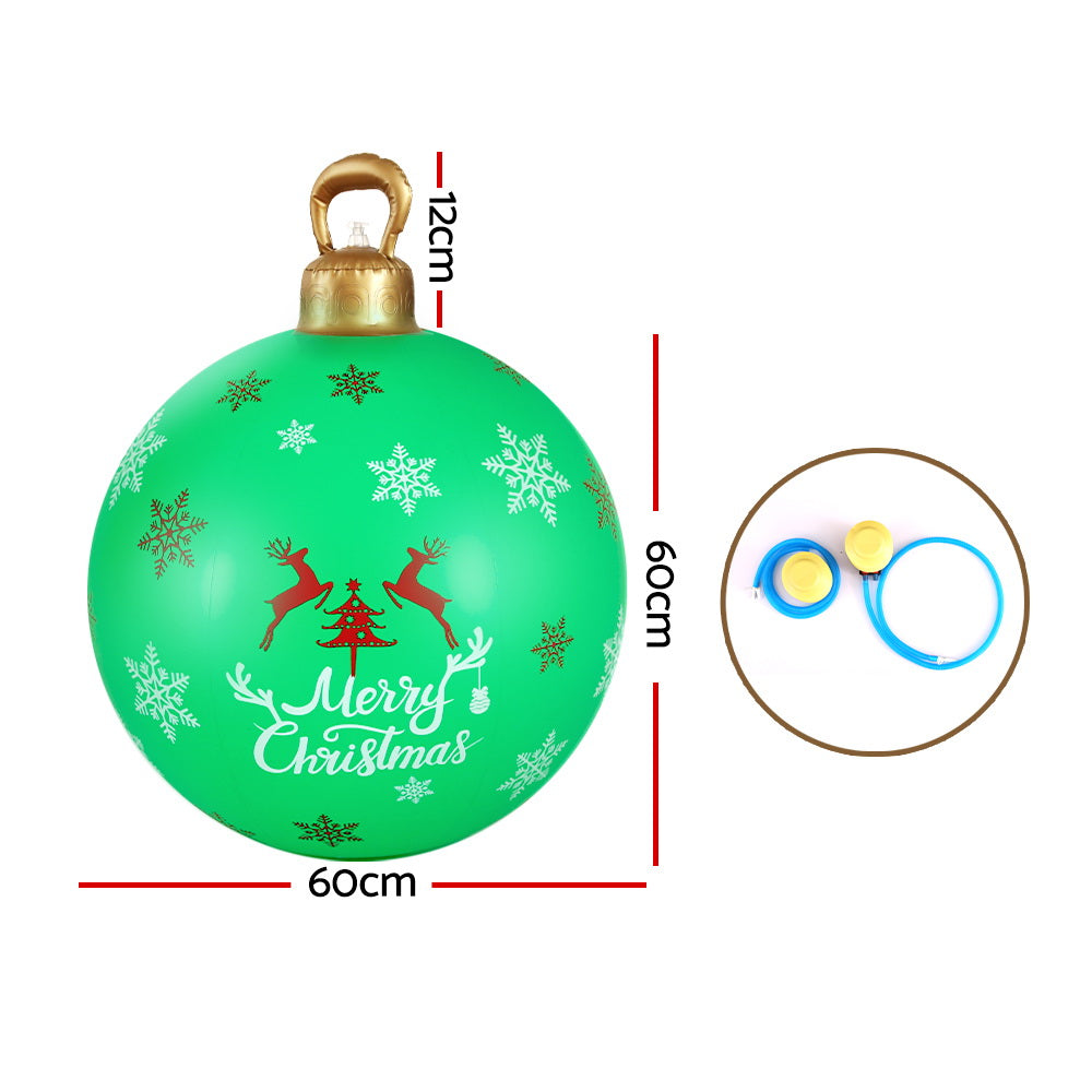 Christmas Inflatable Ball Bauble 60cm Outdoor Decoration Green with reindeer, snowflakes, Merry Christmas text, and included pump accessories