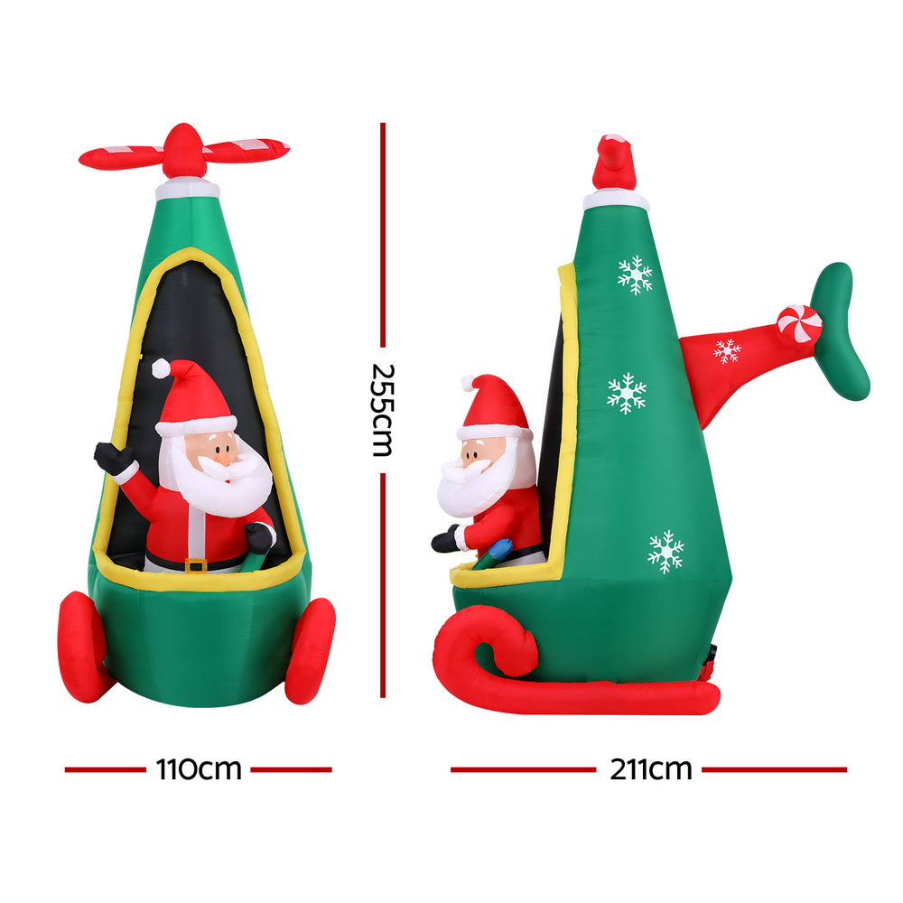 Christmas Inflatable Santa in Helicopter 2.55M Height LED Illuminated Decorations with green helicopter and Santa waving inside