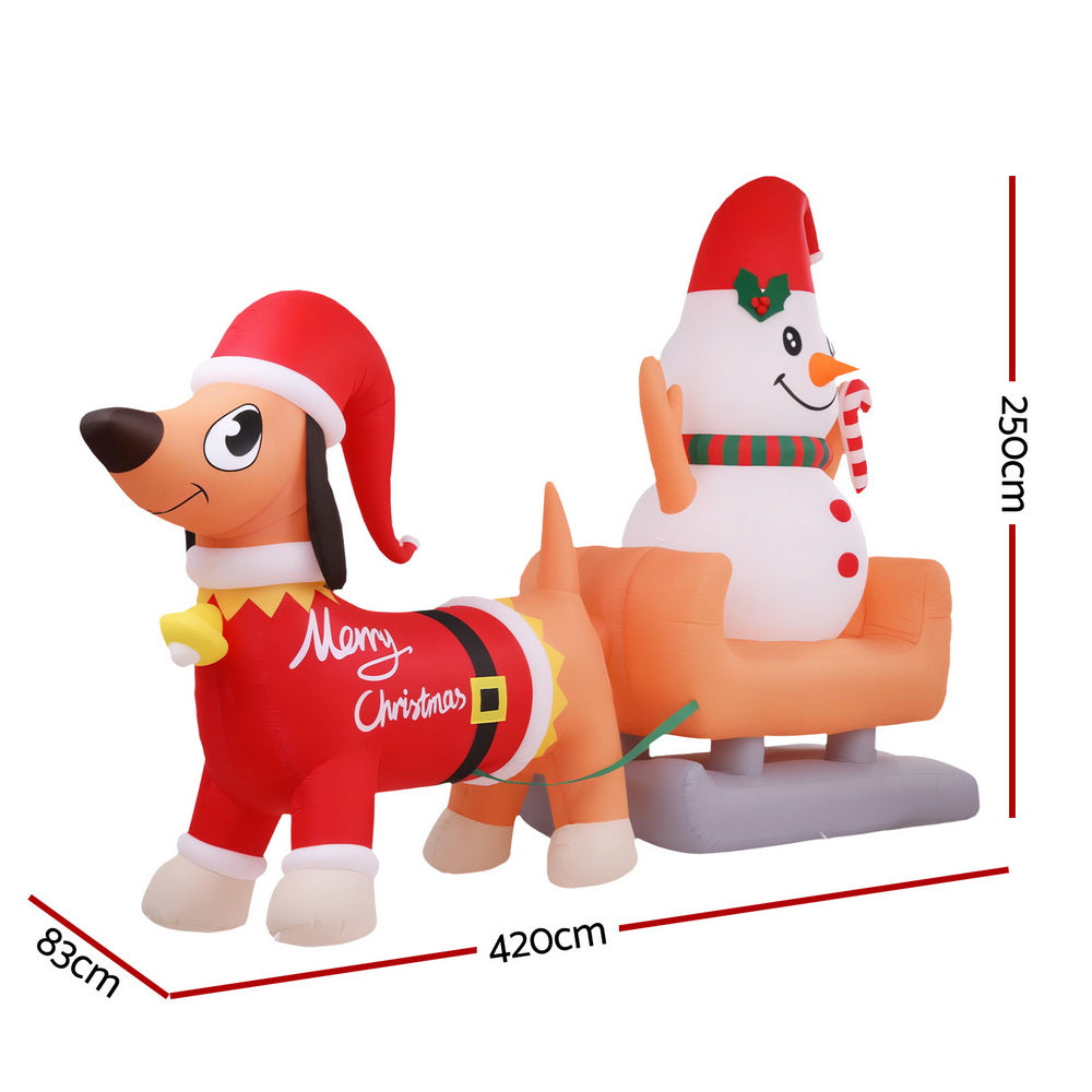 Christmas Inflatable Snowman Dog 4.2M Tall Outdoor Decorations Illuminated with festive dog and snowman in Santa hat