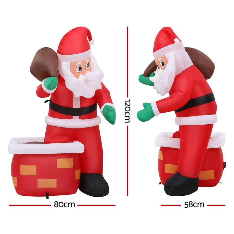 Christmas Inflatable Santa Illuminated Decorations with red suit, chimney, and built-in air blower, shown with size dimensions