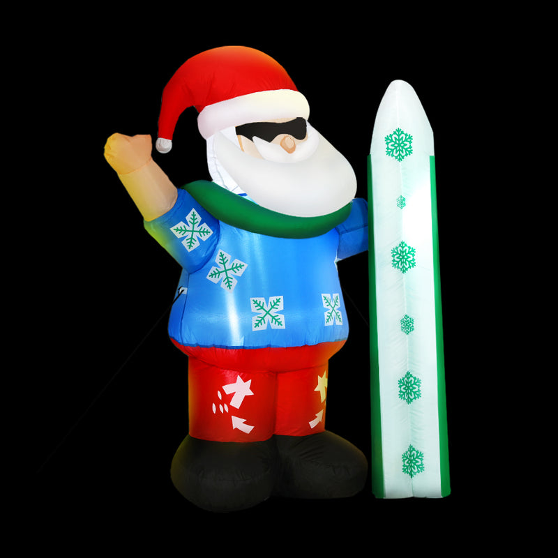 Christmas Inflatable Santa 1.6M Illuminated Decorations with red hat, blue sweater, and white snowflake surfboard on black background