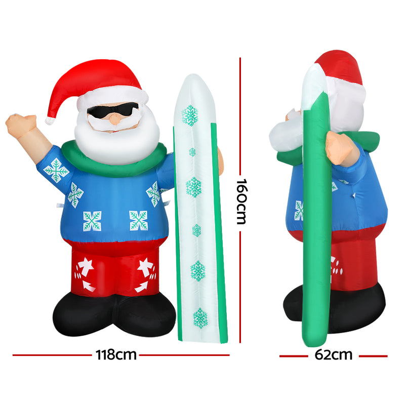 Christmas Inflatable Santa 1.6M Illuminated Decorations with blue sweater, red pants, sunglasses, and white snowboard detail.