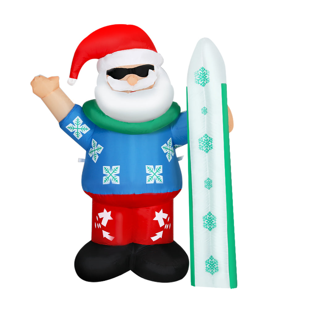 Christmas Inflatable Santa 1.6M Illuminated Decorations with sunglasses, red hat, blue sweater, and white snowboard on white background
