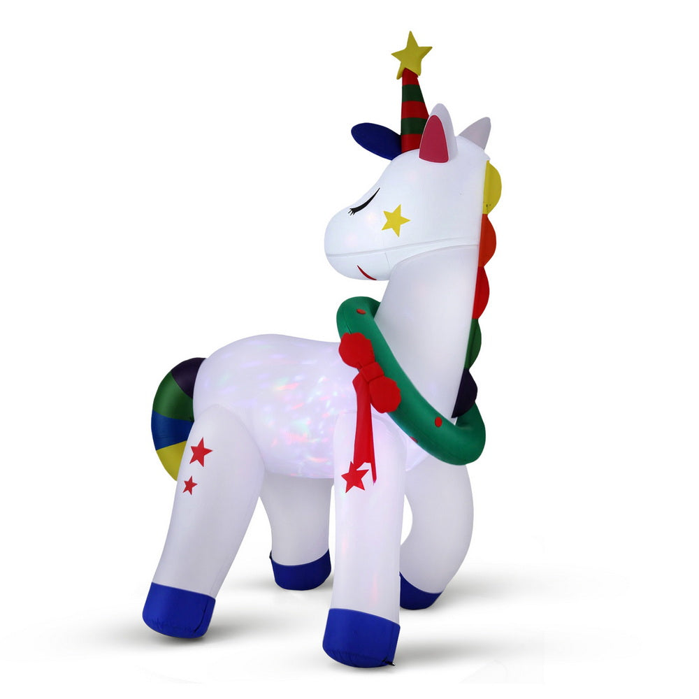 Christmas Inflatable Unicorn 1.8M Tall Outdoor Decorations Illuminated with LED lights and festive wreath against white background