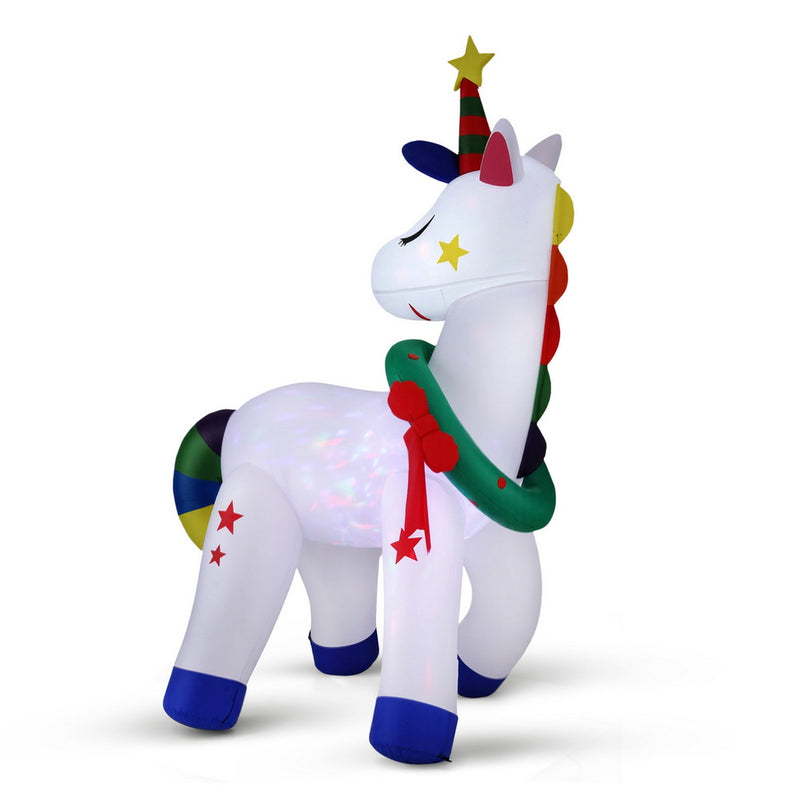 Christmas Inflatable Unicorn 1.8M Tall Outdoor Decorations Illuminated with LED lights and festive wreath against white background