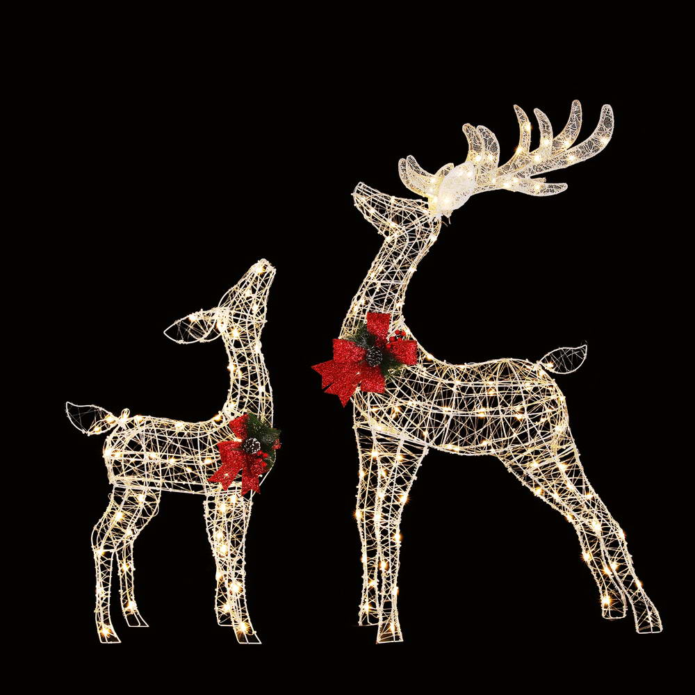2 PCS Christmas Lights 170 LED Fairy Light Reindeer Decorations with red bow accents, glowing warmly on black background