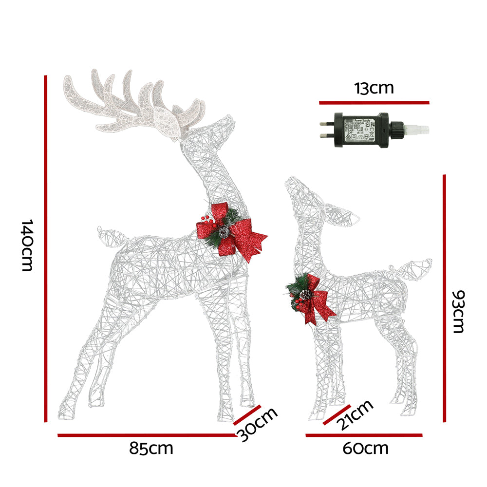 2 PCS Christmas Lights 170 LED Fairy Light Reindeer Decorations with measurements and power adapter on white background