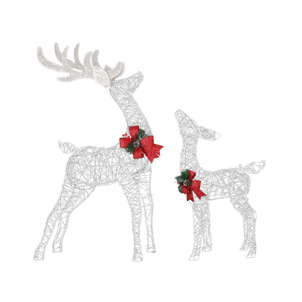 2 PCS Christmas Lights 170 LED Fairy Light Reindeer Decorations with red bows and greenery accents on white wire frame