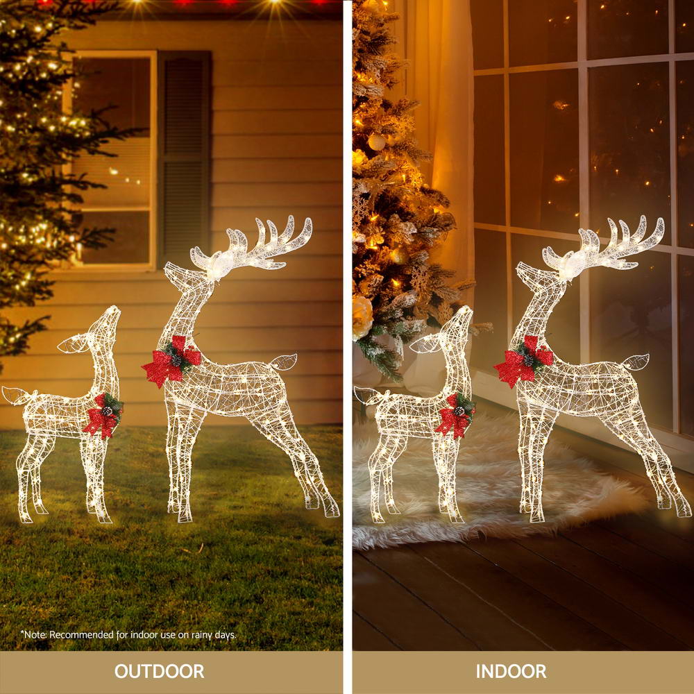 2 PCS Christmas Lights 170 LED Fairy Light Reindeer Decorations shown indoors and outdoors with festive bows and warm white lighting