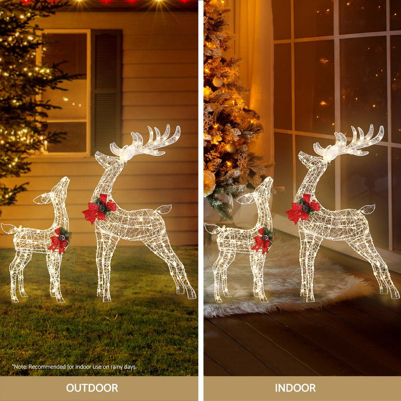 2 PCS Christmas Lights 170 LED Fairy Light Reindeer Decorations shown indoors and outdoors with festive bows and warm white lighting