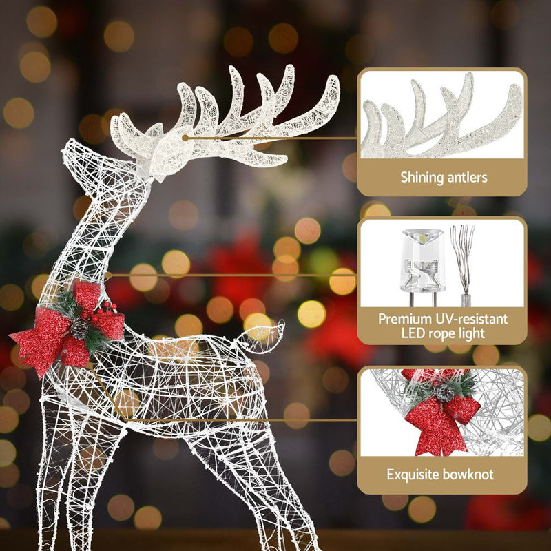 2 PCS Christmas Lights 170 LED Fairy Light Reindeer Decorations with shining antlers, premium LED rope lights, and red bowknot accents