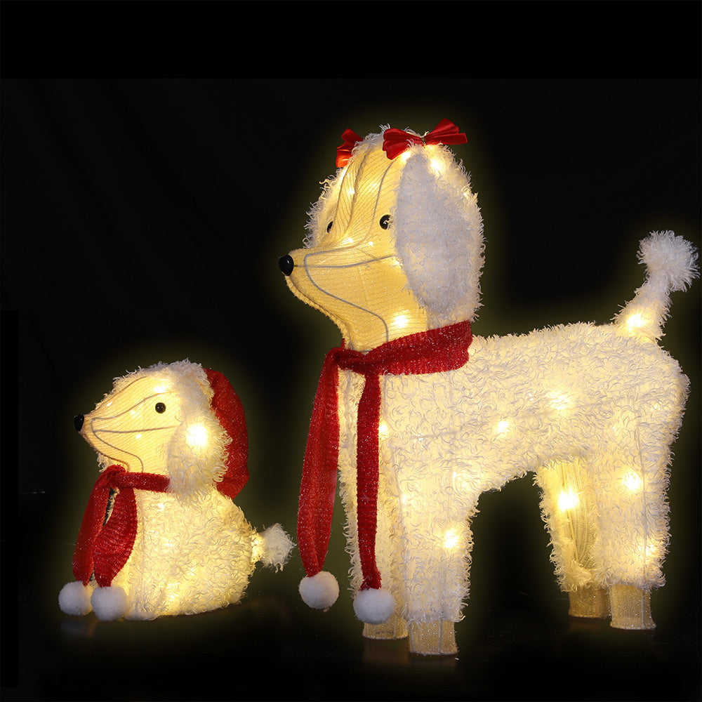Christmas Lights 60 LED Fairy Light 2pcs Dog Decorations Set with warm glowing 3D fluffy dog figures wearing red scarves and bows