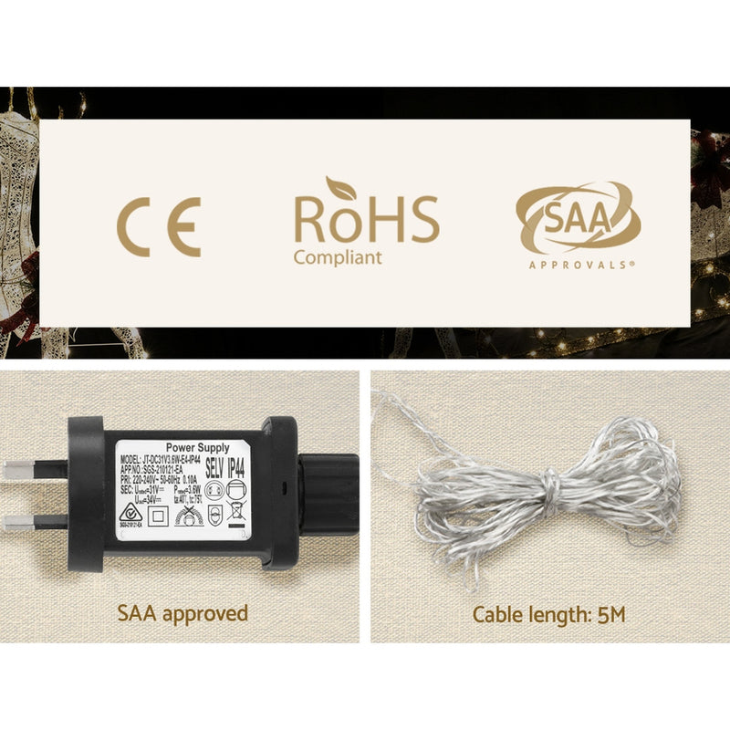 Certification logos including CE, RoHS compliant, SAA approved power supply, and 5M cable for Christmas Lights 170cm Nutcracker 180 LED Fairy Light Decorations