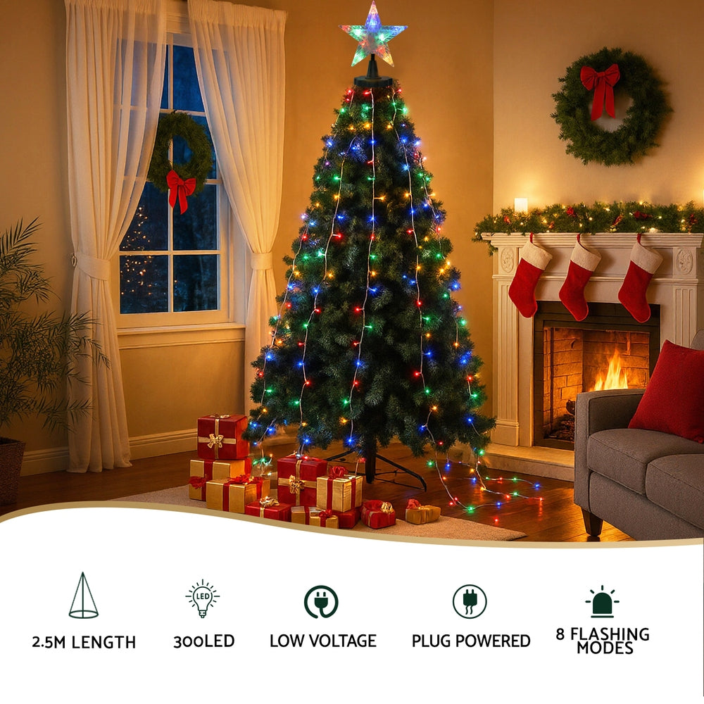 2.5M Christmas Lights Waterfall String Light 300 LED Star Topper