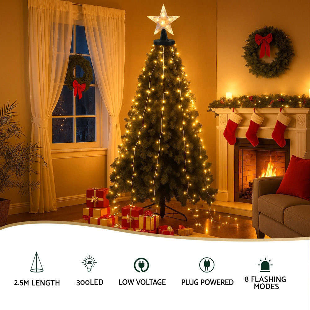 2.5M Christmas Lights Waterfall String Light 300 LED Star Topper