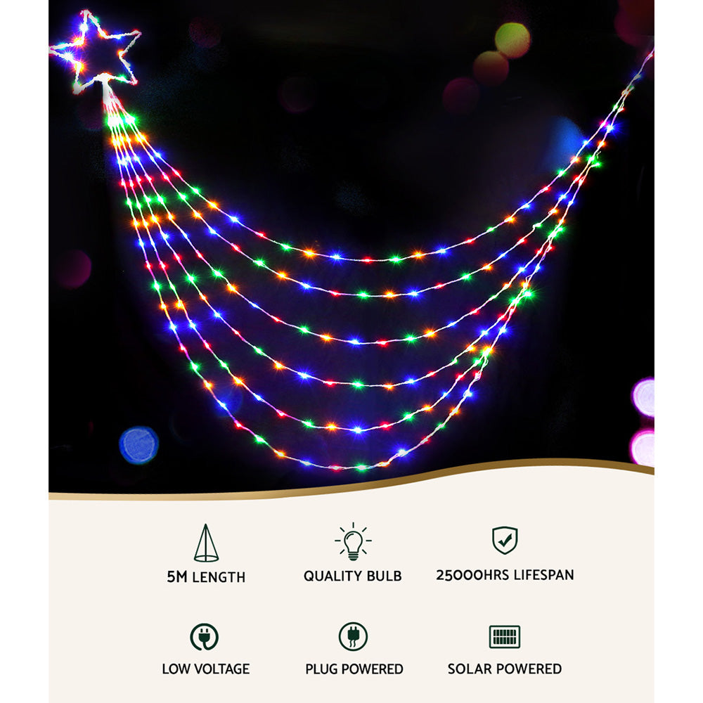 320 LED 5M Christmas Lights Solar String Fairy Light with colorful cascading star-shaped design and multiple strand illumination