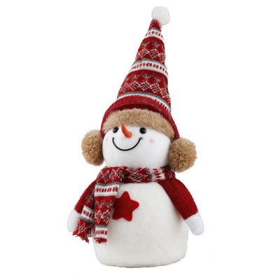 Christmas Snowman Handicraft Ornaments Party Decorations 35cm plush snowman with red hat, scarf, and festive ear muffs on white background