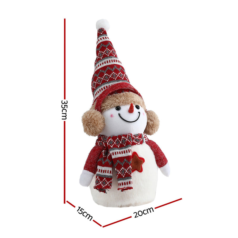 Christmas Snowman Handicraft Ornaments Party Decorations 35cm plush snowman with red hat, scarf, and earmuffs on white background