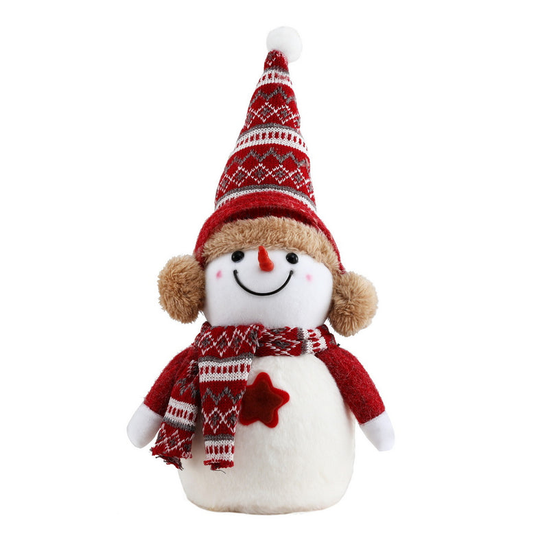 Christmas Snowman Handicraft Ornaments Party Decorations 35cm with plush design, red patterned hat, scarf, and earmuffs on white background