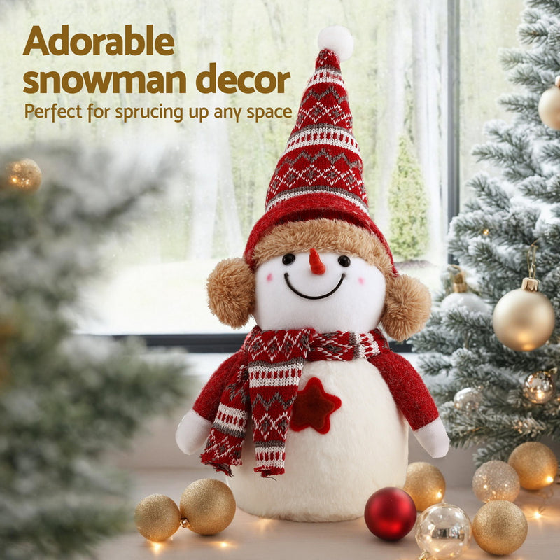 Christmas Snowman Handicraft Ornaments Party Decorations 35cm plush snowman with red hat, scarf, and festive holiday decor setting