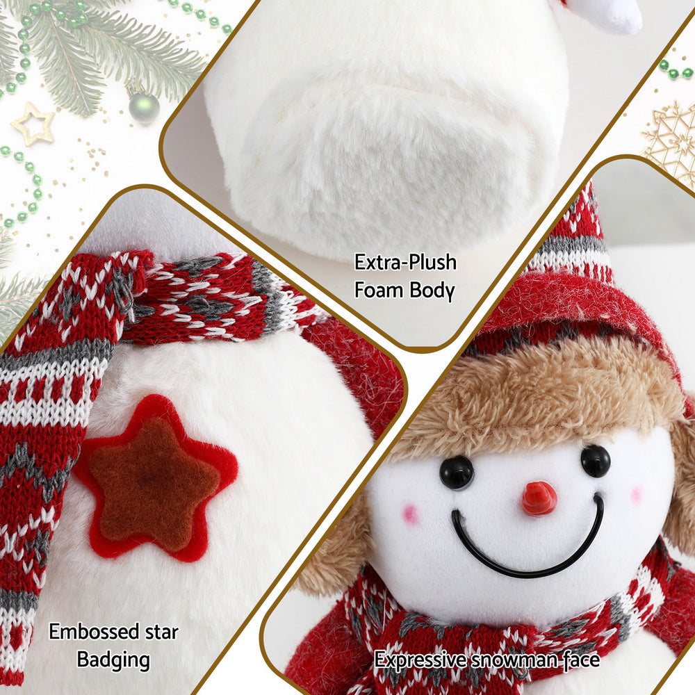 Christmas Snowman Handicraft Ornaments Party Decorations 35cm with plush foam body, star badge, and smiling snowman face close-up details