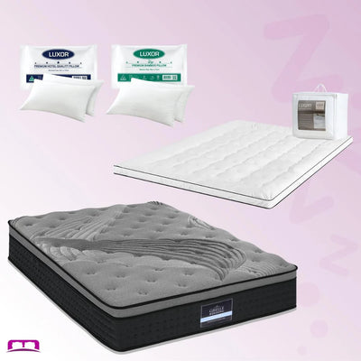 Double Comfort Package | Alanya Euro Top Mattress (Medium Firm), Deluxe Pillowtop Topper, 2 Deluxe & 2 Cooling Pillows set displayed on light background