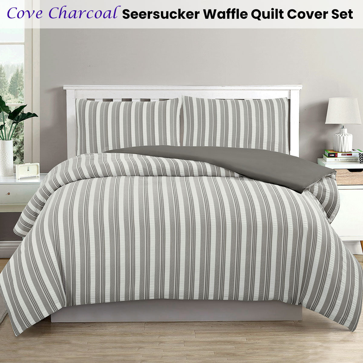 Ardor Cove Charcoal Seersucker Waffle Quilt Cover Set Queen - Home & Garden > Bedding - Bedzy Australia