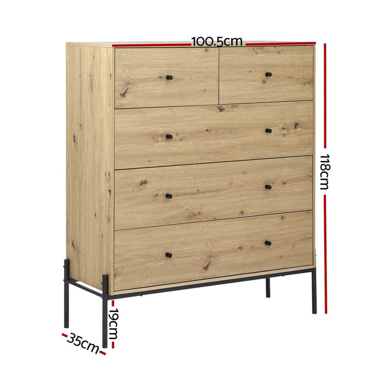 Artiss 5 Chest of Drawers - ARNO Pine - Furniture > Bedroom - Bedzy Australia