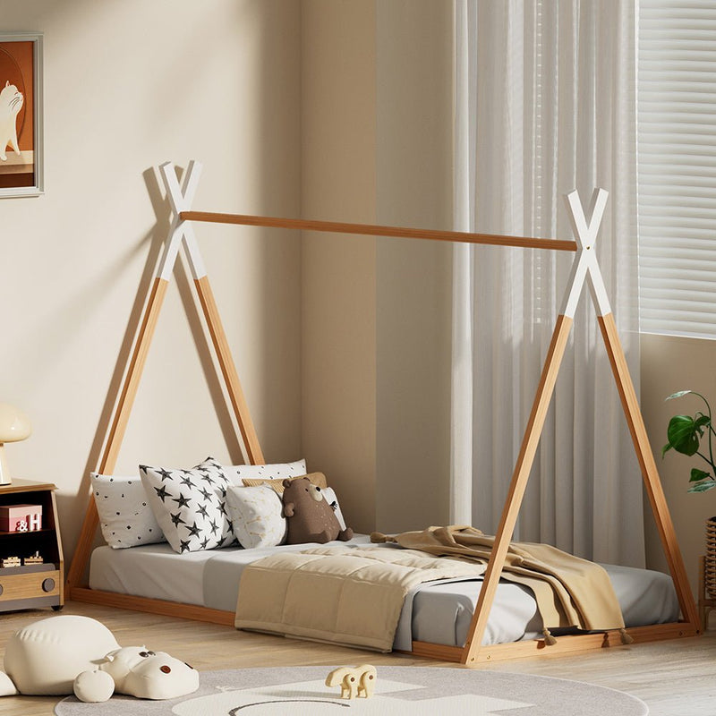 Artiss Bed Frame Wooden Kids House Single Frame Oak ENID - Furniture > Bedroom - Bedzy Australia