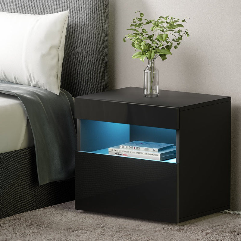 Artiss Bedside Table LED - HERES Black - Furniture > Bedroom > Bedside Tables - Bedzy Australia