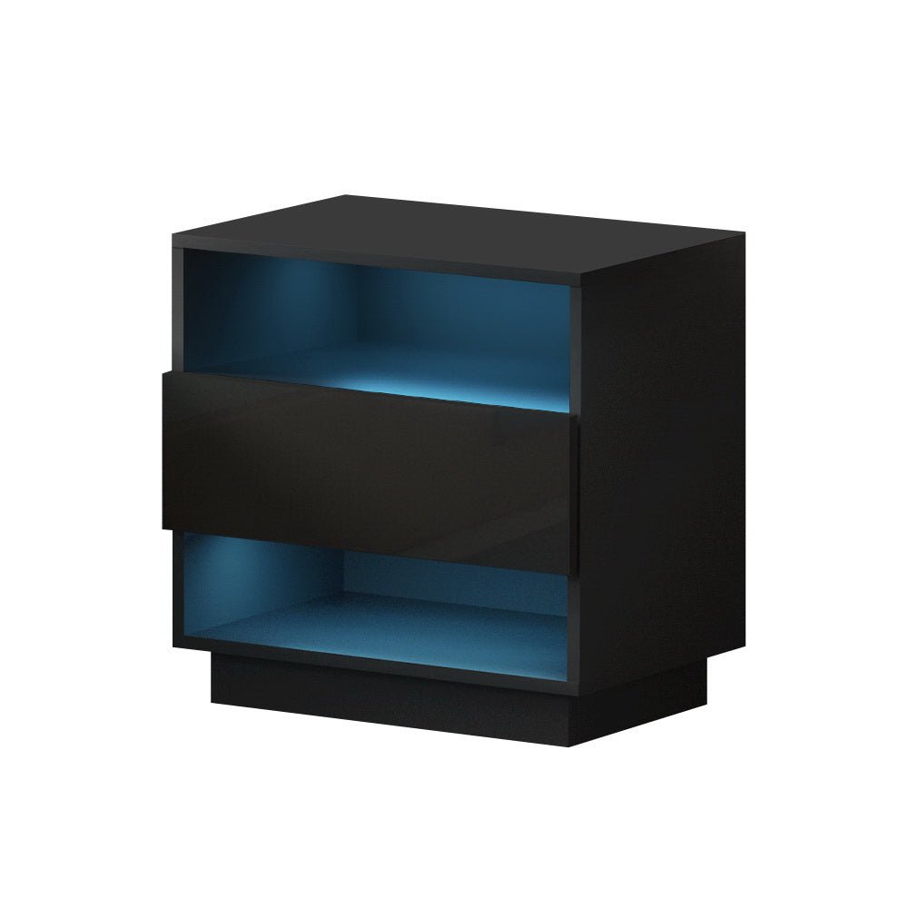Artiss Bedside Table LED with 2 Shelves - HANA Black - Furniture > Bedroom > Bedside Tables - Bedzy Australia