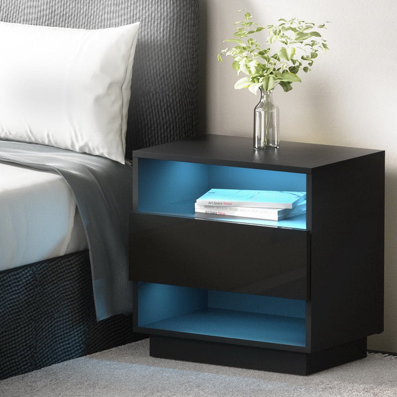 Artiss Bedside Table LED with 2 Shelves - HANA Black - Furniture > Bedroom > Bedside Tables - Bedzy Australia