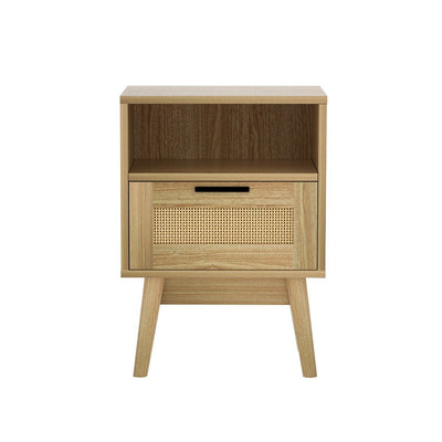 Artiss Rattan Bedside Table 1 Drawer with Shelf - REI Oak - Furniture > Bedroom > Bedside Tables - Bedzy Australia