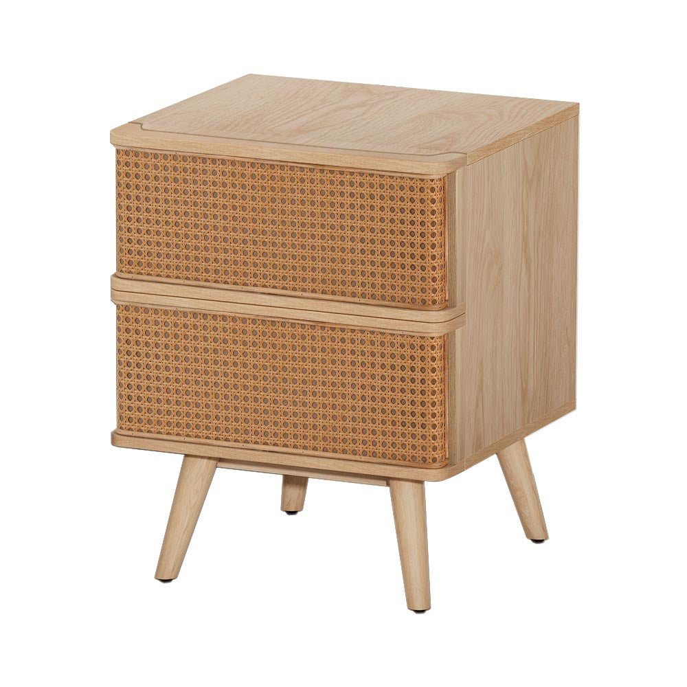 Artiss Rattan Bedside Table Drawers Side End Table Storage Nightstand Oak NORA - Furniture > Bedroom > Bedside Tables - Bedzy Australia