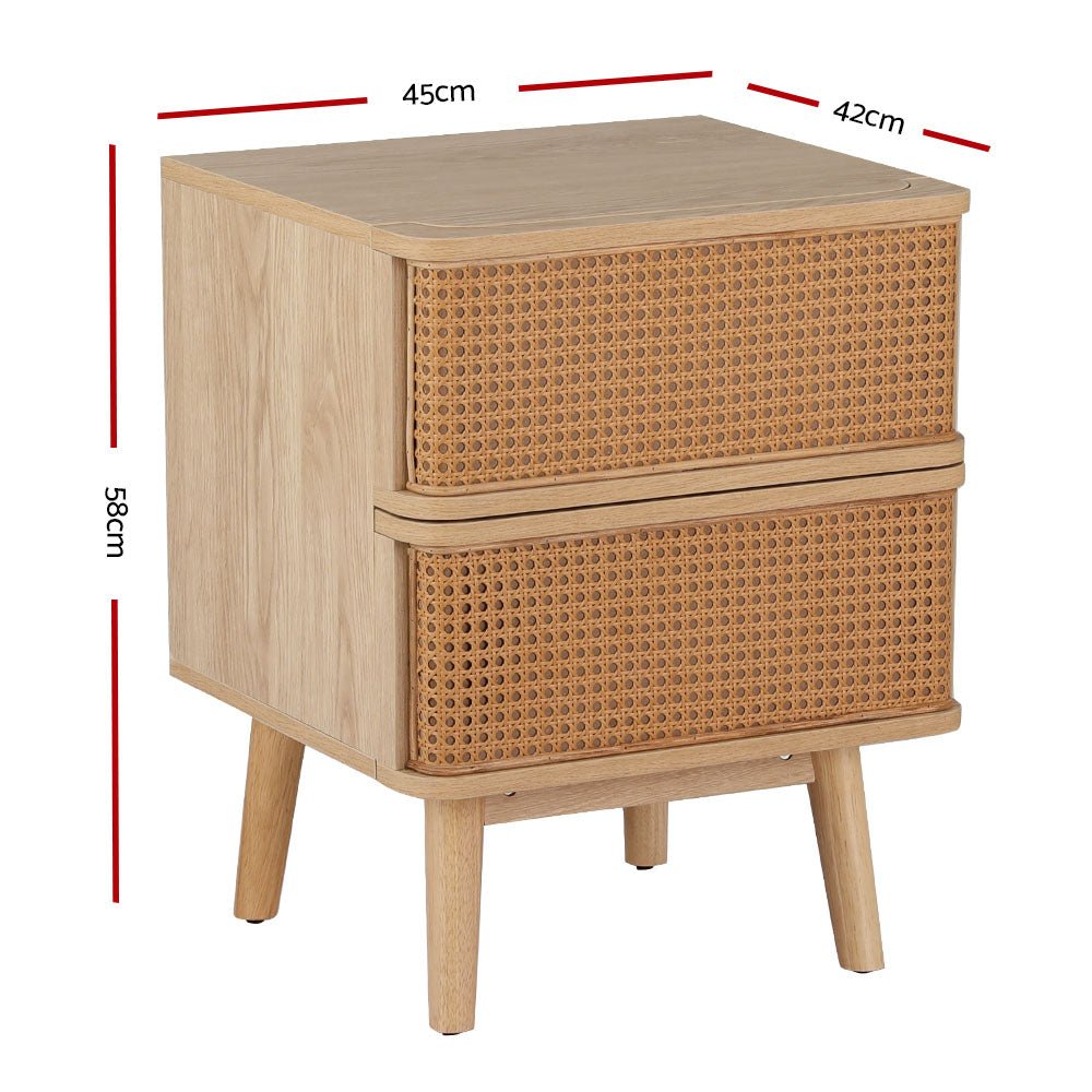 Artiss Rattan Bedside Table Drawers Side End Table Storage Nightstand Oak NORA - Furniture > Bedroom > Bedside Tables - Bedzy Australia