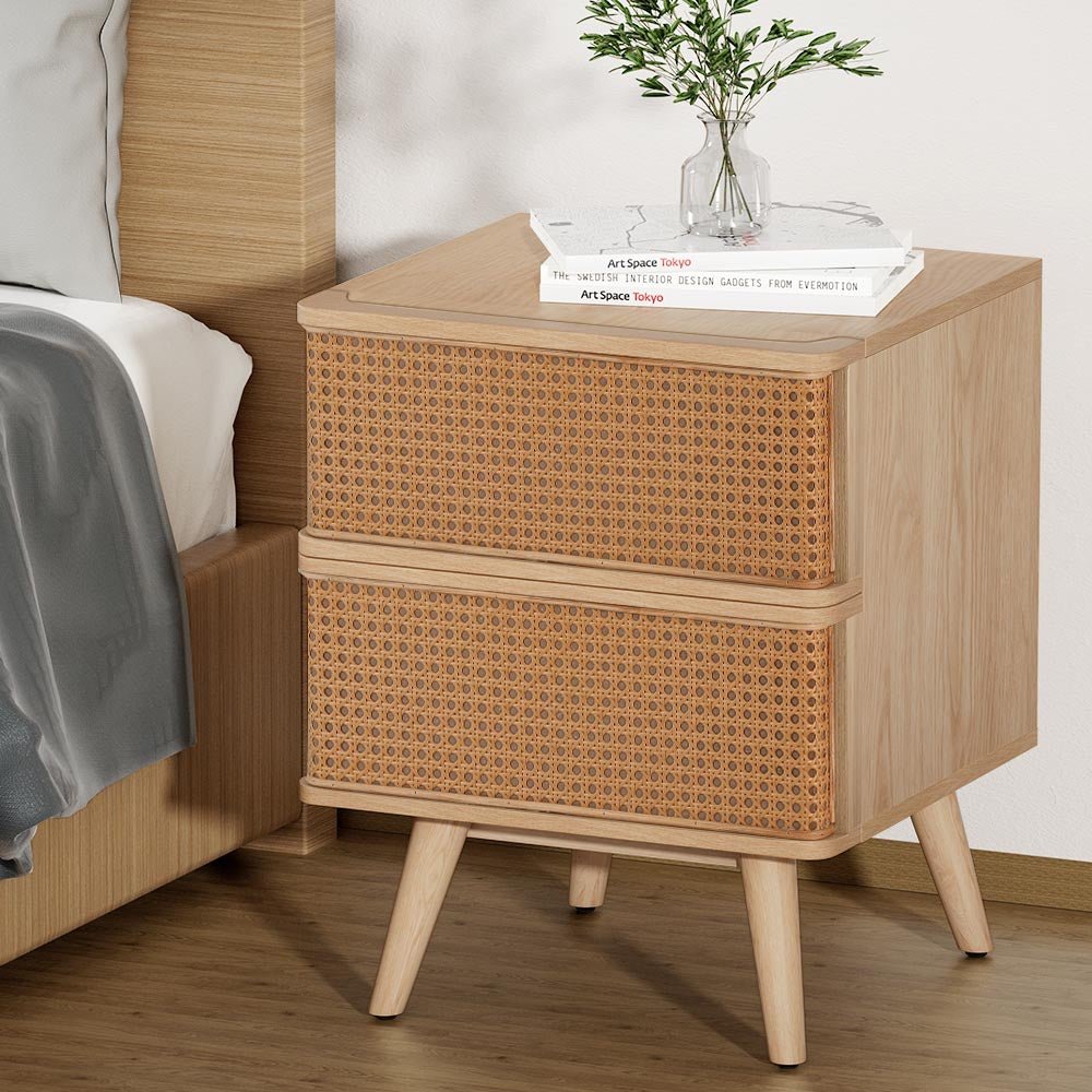 Artiss Rattan Bedside Table Drawers Side End Table Storage Nightstand Oak NORA - Furniture > Bedroom > Bedside Tables - Bedzy Australia