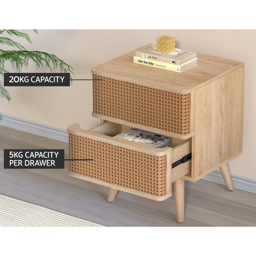 Artiss Rattan Bedside Table Drawers Side End Table Storage Nightstand Oak NORA - Furniture > Bedroom > Bedside Tables - Bedzy Australia
