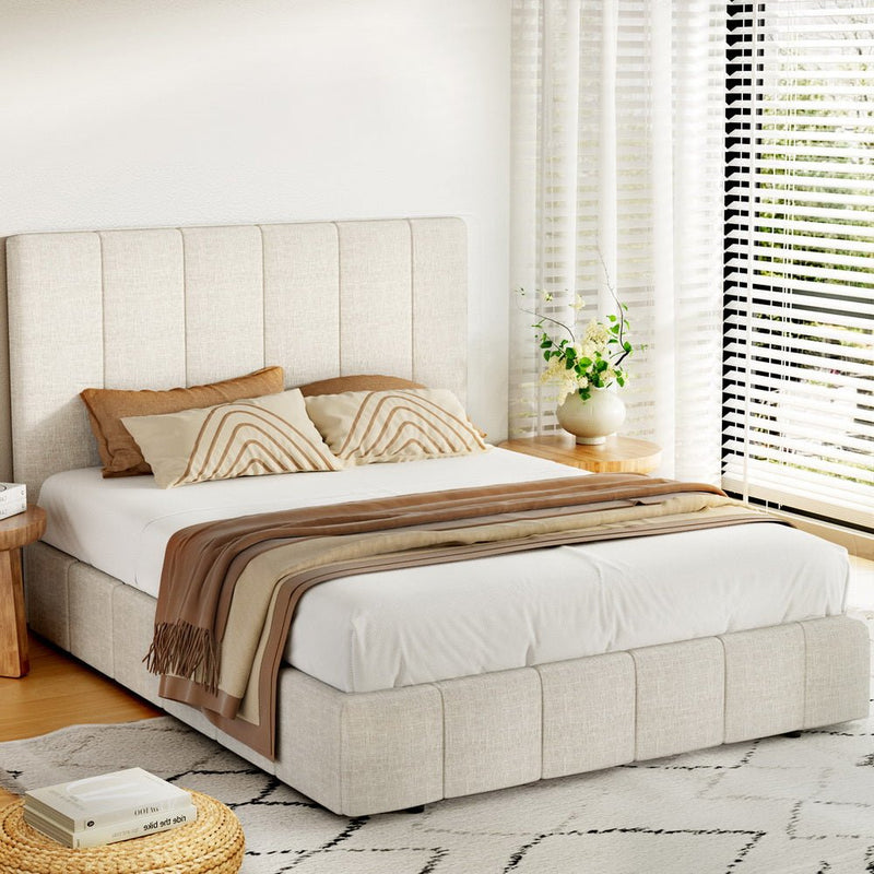 Double Package | Aldinga Bed Frame Beige & Bonita Pillow Top Mattress (Medium Firm) in modern bedroom setting with cushions and throws