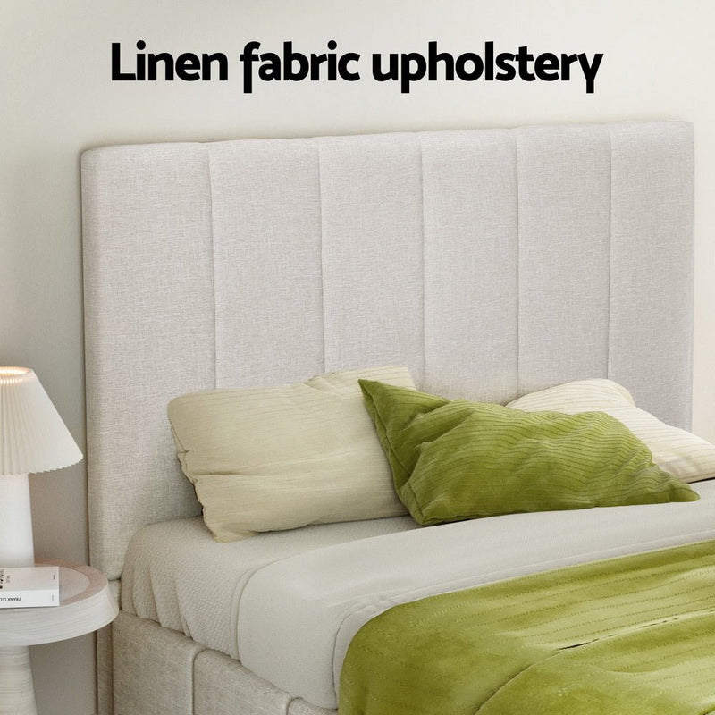 Double Package | Aldinga Bed Frame Beige linen fabric upholstery with Bonita Pillow Top Mattress (Medium Firm) in bedroom setting